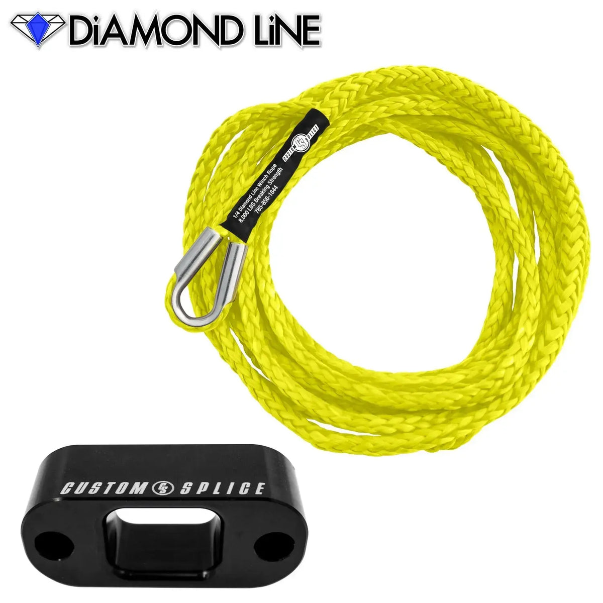 Custom Splice Warn PullzAll 1/4" x 15' Synthetic Winch Rope Conversion Kit Diamond-Yellow-Black-Tube-Thimble-with-Excel-Sling Custom Splice