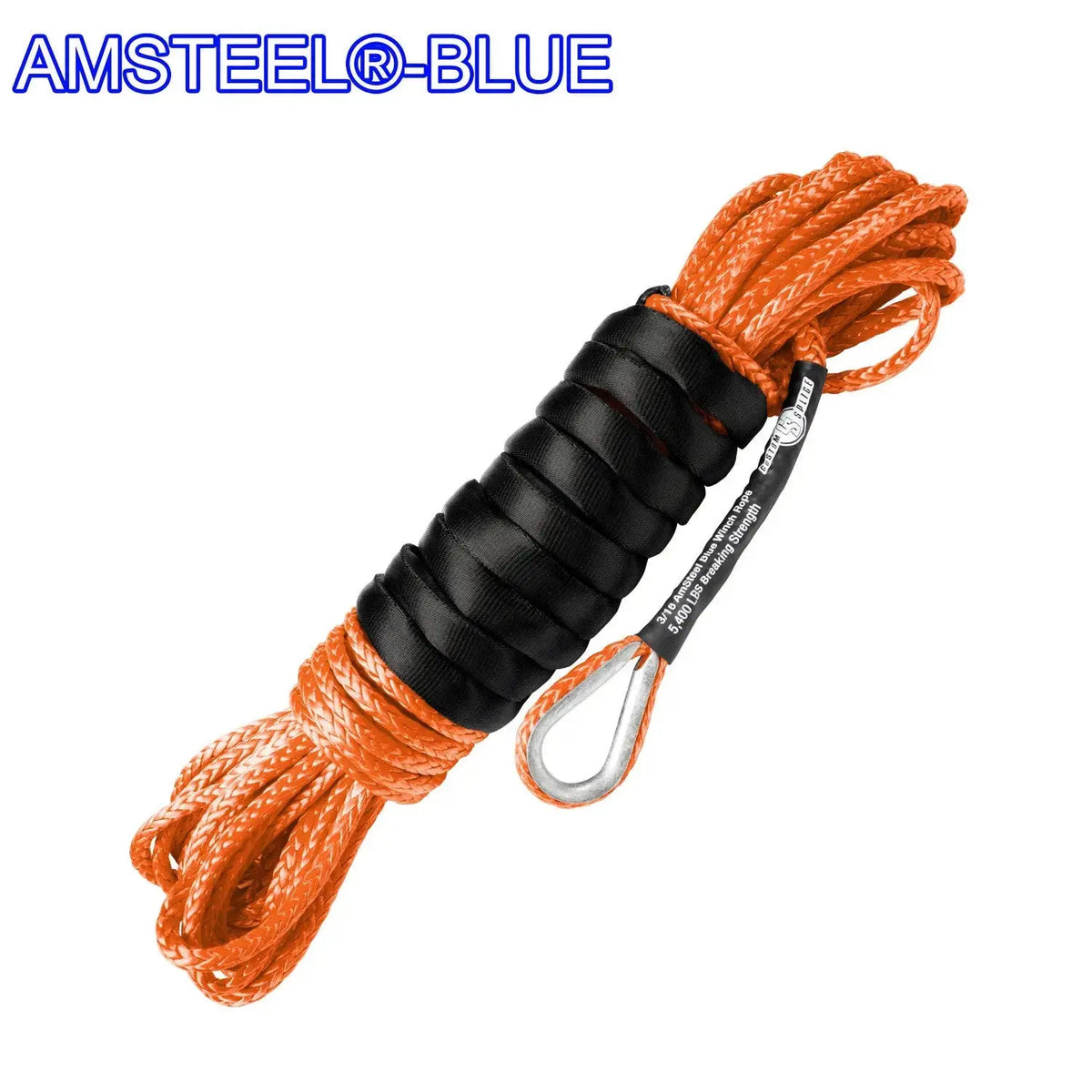 3/16" X 50' Main Line Winch Rope - AmSteel Blue Orange-Tube-Thimble-with-Excel-Sling-Hook Custom Splice