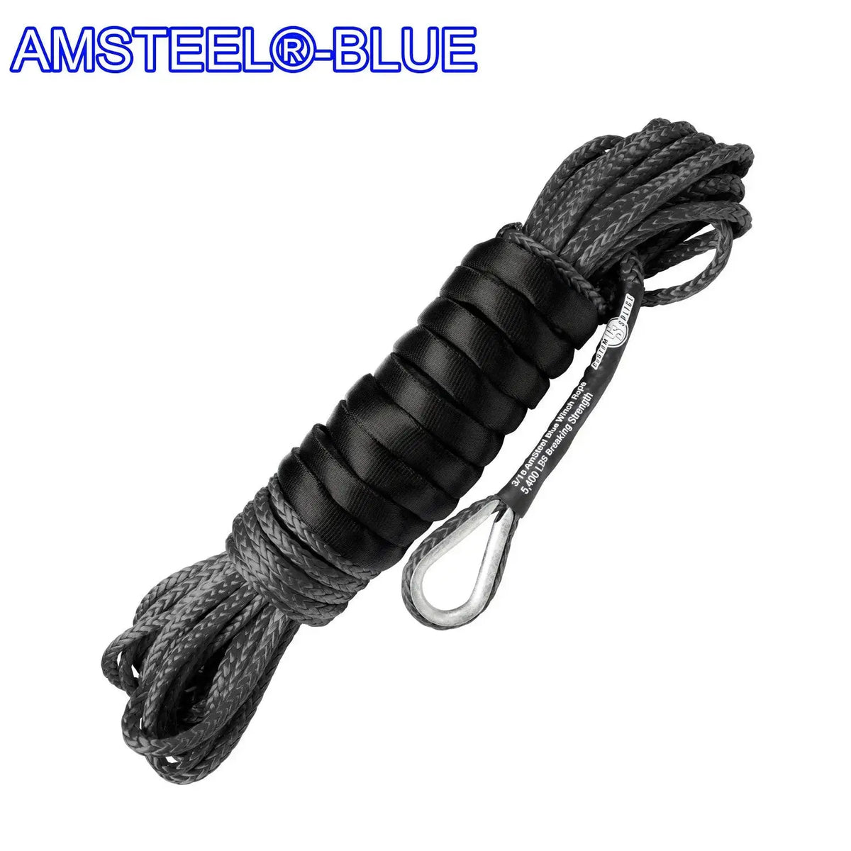 3/16" X 50' Main Line Winch Rope - AmSteel Blue Gray-Tube-Thimble-with-Excel-Sling-Hook Custom Splice