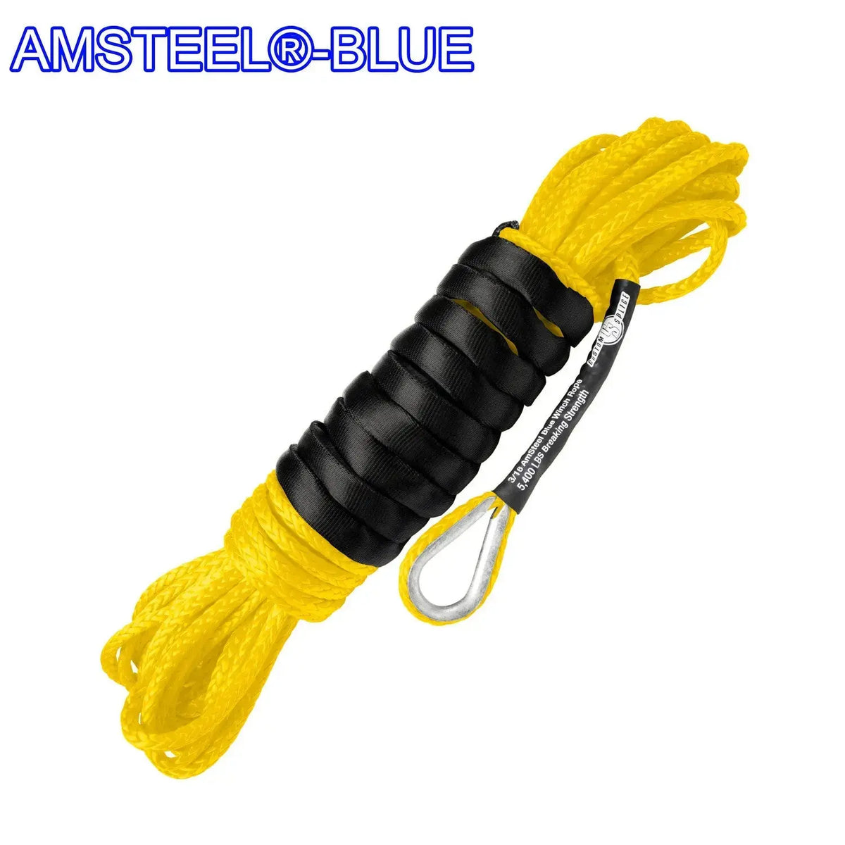 3/16" X 50' Main Line Winch Rope - AmSteel Blue Yellow-Tube-Thimble-with-Excel-Sling-Hook Custom Splice