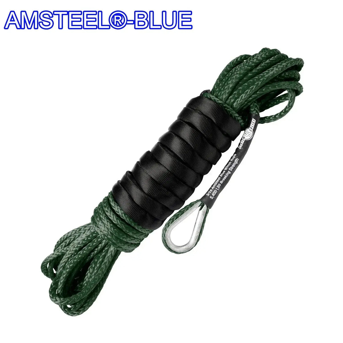 3/16" X 50' Main Line Winch Rope - AmSteel Blue OD-Green-Tube-Thimble-with-Excel-Sling-Hook Custom Splice