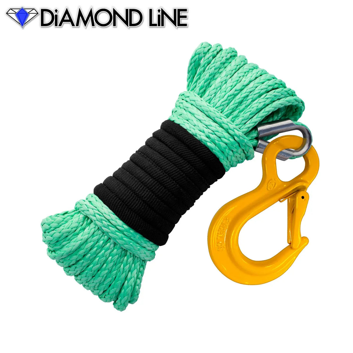 3/16" x 50' Diamond Line Winch Rope Mainline - Teal Green with Hook. 