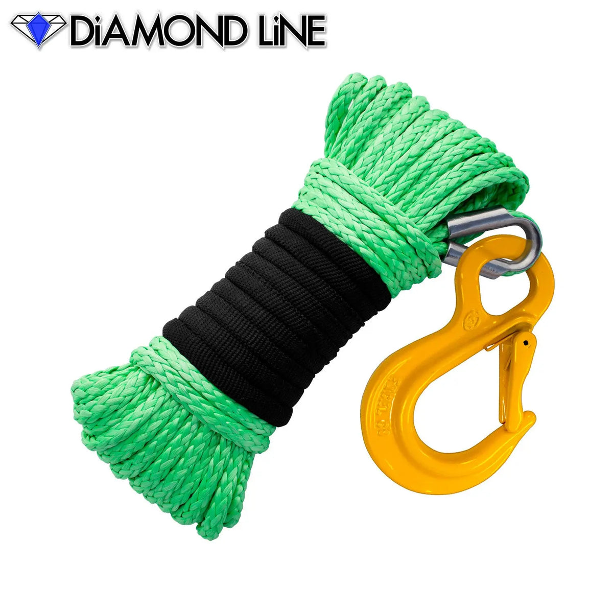 3/16" x 50' Diamond Line Winch Rope Mainline - Bright Green with Hook.